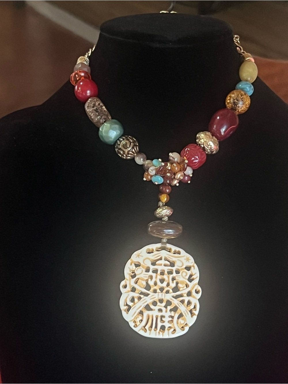 Chico's Red, Turquoise & Gold Beaded Necklace with Carved Faux Ivory Pendant